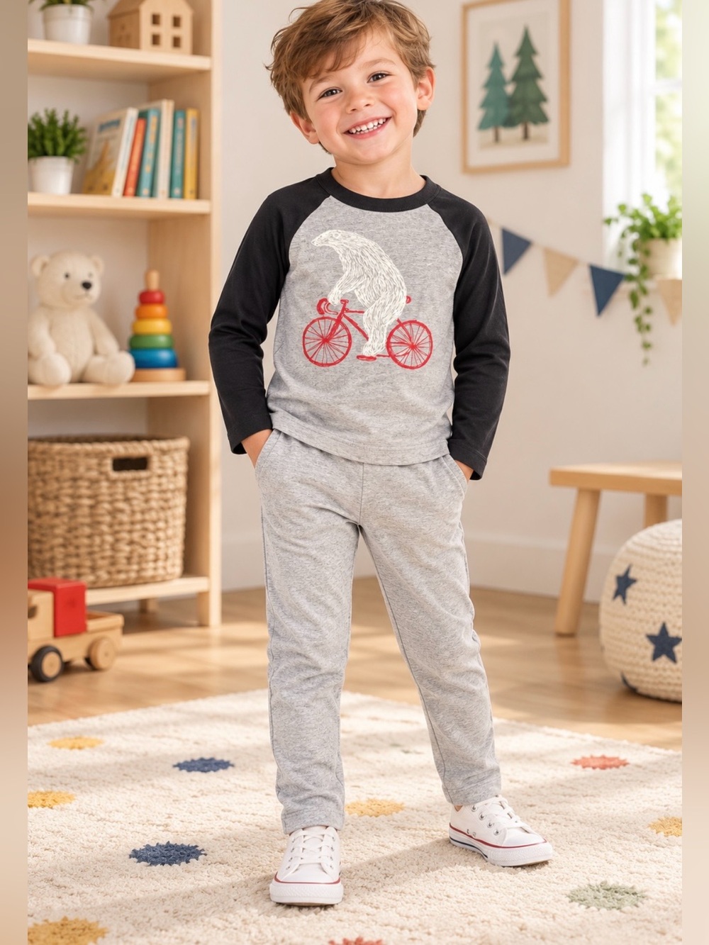 Hanna Andersson Boys 2-Piece Outfit Size US 4(100 cm)Bear Shirt Pull-On Pants